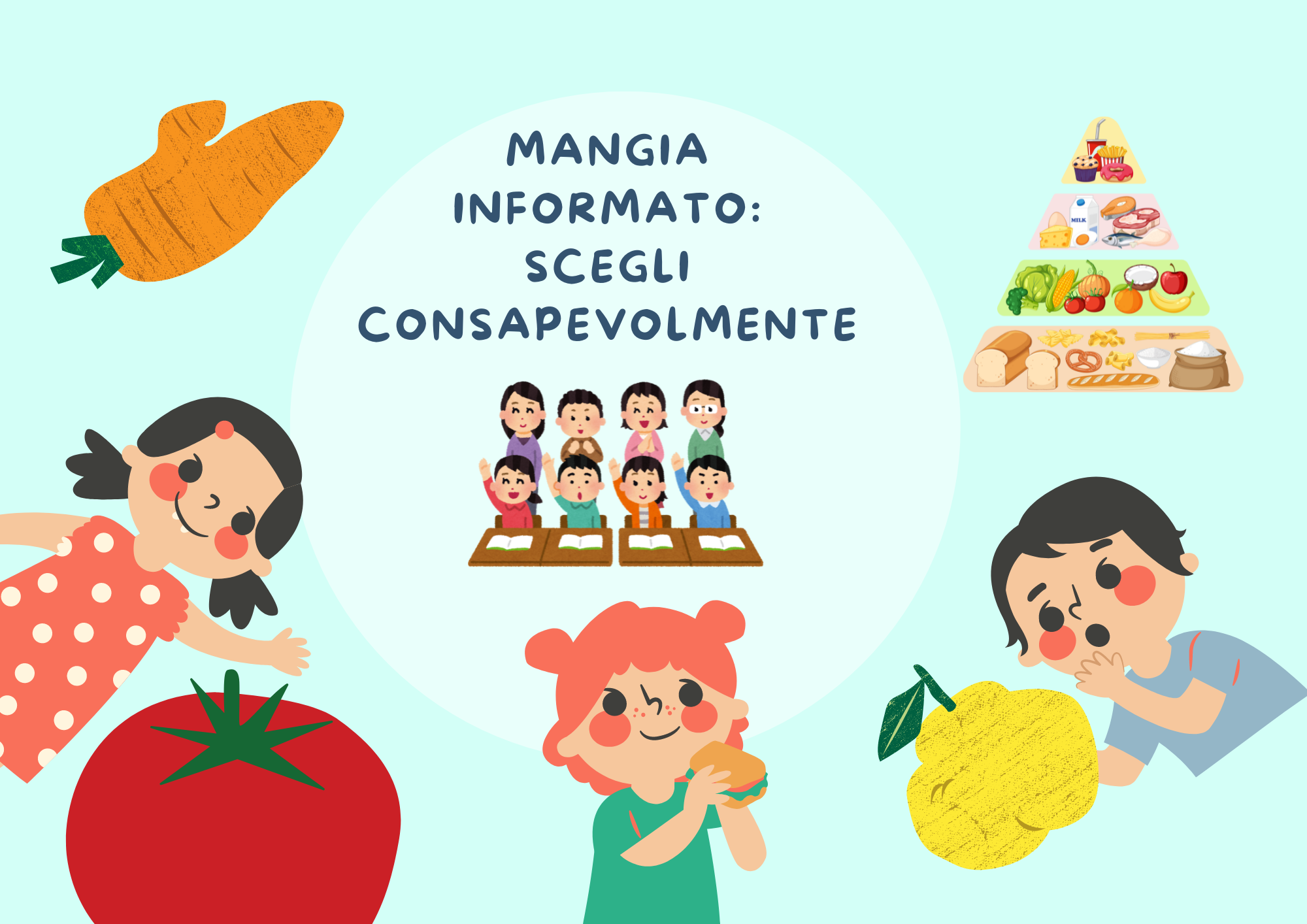 Il titolo dell'itinerario scritto è circondato da disegni colorati che rappresentano frutta e verdura e una piccola piramide alimentare oltre a vari bambini sorridenti, alcuni in classe e tre in primo piano.