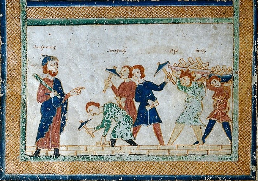 Immagine/disegno a  colori di Lanfranco mentre dirige i lavori di costruzione del Duomo.